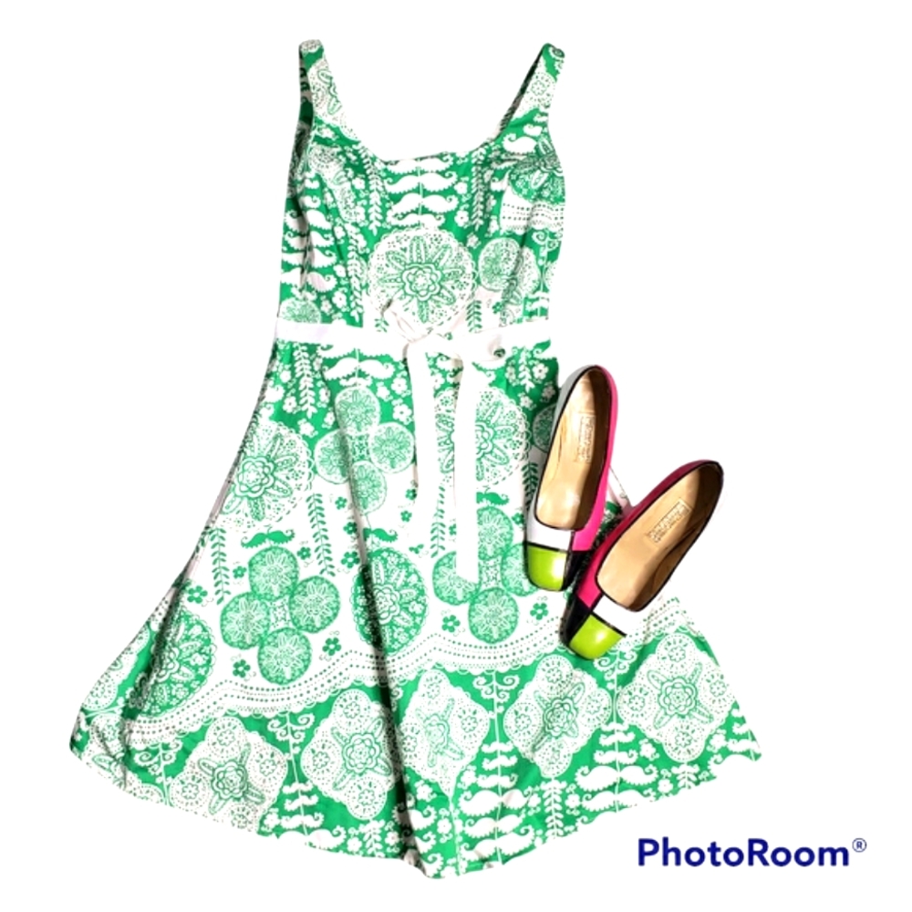 Sundress Fit & Flare Green Retro Boho Print Square Neckline Spring Summer  7/8